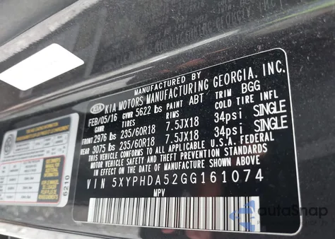 2016 Kia Sorento 3.3L Ex from USA, damaged, VIN 5XYPHDA52GG161074